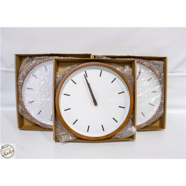 3 NEW DRIINI BRAND WHITE+WOOD ROUND WALL CLOCKS