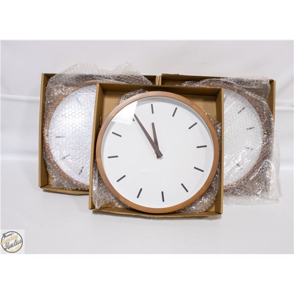 3 NEW DRIINI BRAND WHITE+WOOD ROUND WALL CLOCKS