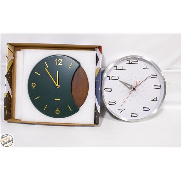 2 NEW DRIINI BRAND ROUND WALL CLOCKS SOLD TOGETHER