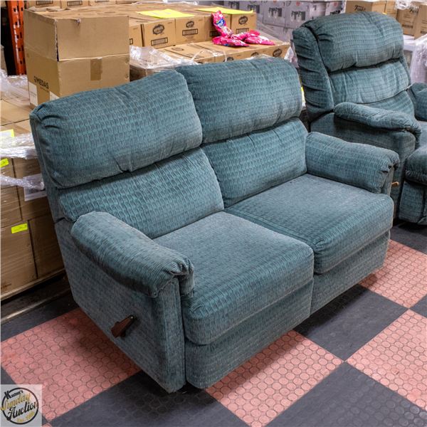 GREEN FABRIC RECLINING LOVESEAT