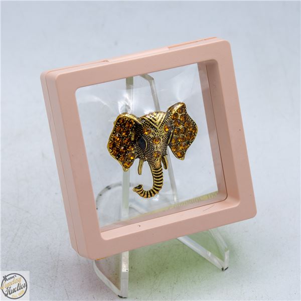 NEW ELEPHANT HEAD BROOCH WITH ETCHING AMBER