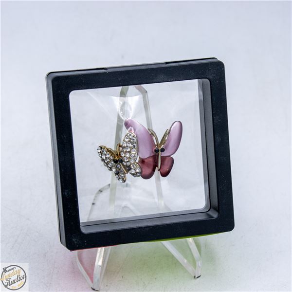 NEW BUTTERFLY PAIR BROOCH PINK SATIN & RHINESTONE