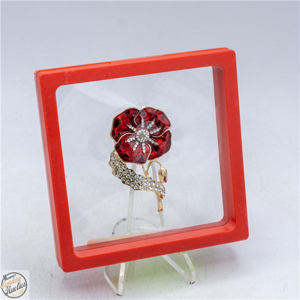 NEW POPPY & RHINESTONES BROOCH 2.6”