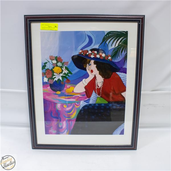 VINTAGE ART PRINT FRAMED WOMAN AT TABLE BY