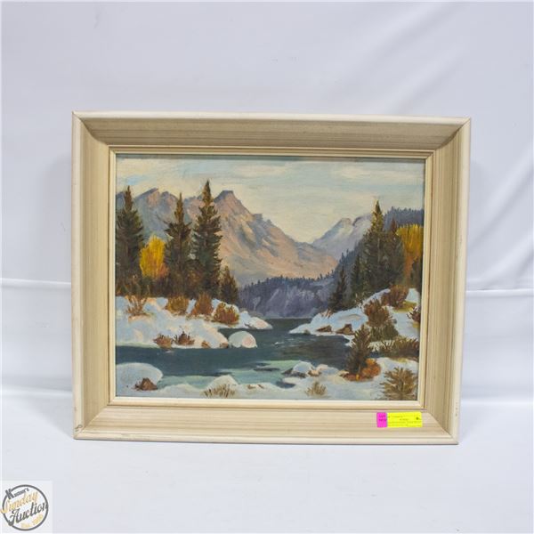 PAINTED EVENING SCENE ROCKY MOUNTAINS 16" X 20"