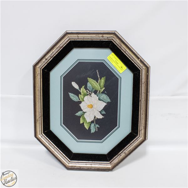 FRAMED CROSS STITCH DEPICTING A MAGNOLIA