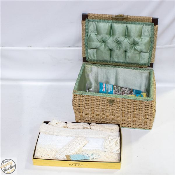 VINTAGE VELVET TAPESTRY SEWING BASKET