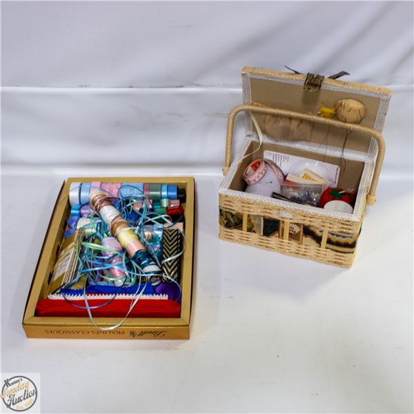 VINTAGE TAPESTRY SEWING BASKET,