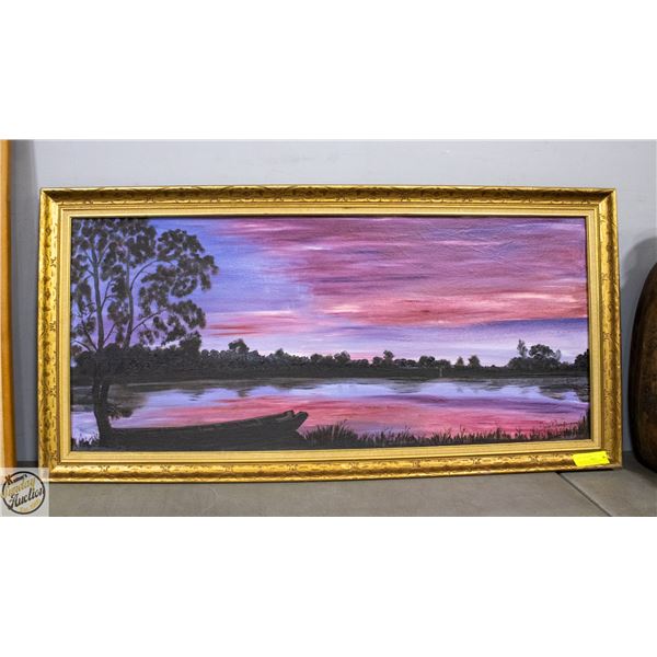 BOAT OF THE LAKE SUNSET SCENE PAINTING FRAMED BY