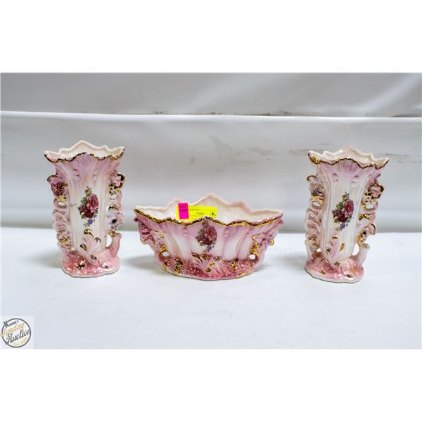 3 VINTAGE PINK VICTORIAN STYLE VASES FLORAL PATTER