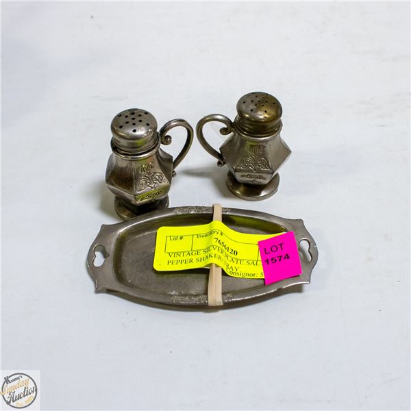 VINTAGE SILVER PLATE SALT AND PEPPER SHAKER/ TRAY