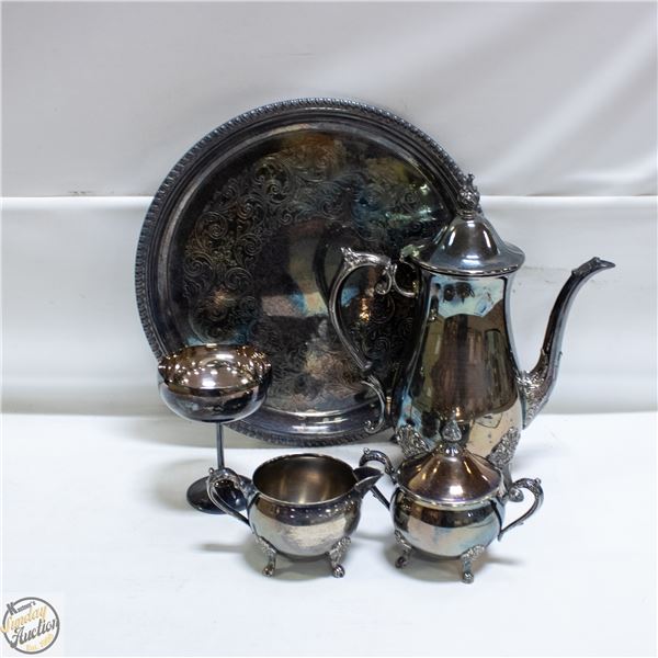 VINTAGE SILVER PLATE TEA POT SET WITH TRAY