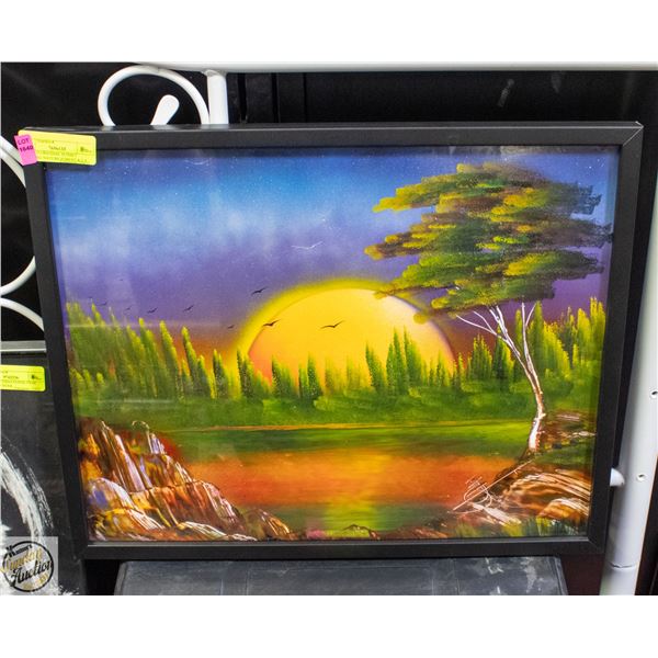 FRAMED ORIGINAL SUNSET PAINTING NATURE FOREST &