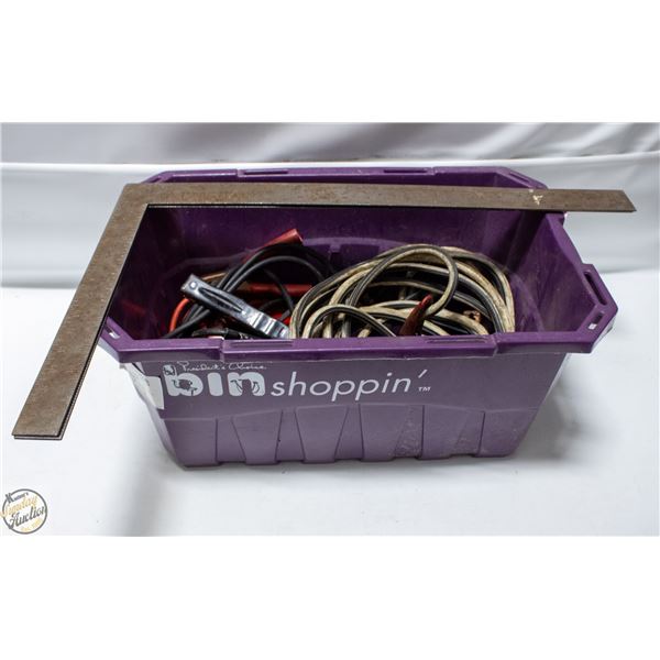 BOX WITH BOOSTER CABLES AND 2 SQUARES