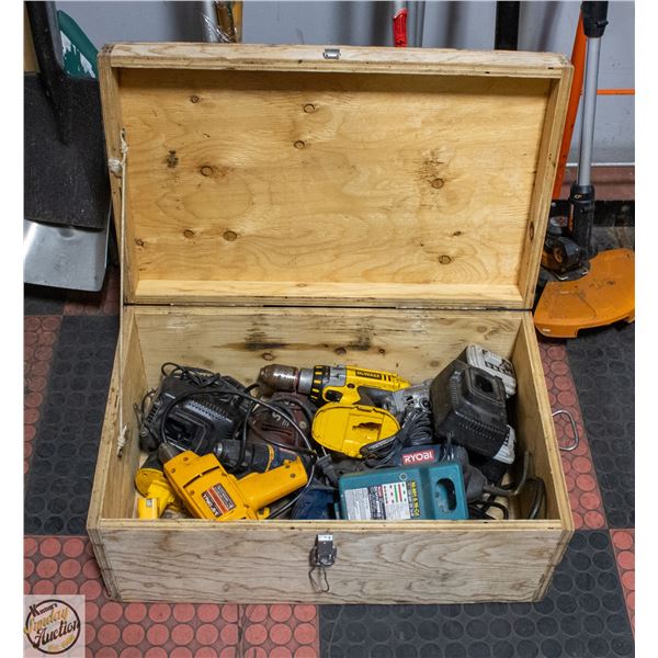 WOODEN BOX FULL OF DIFFERENT BRANDS DRILLS,