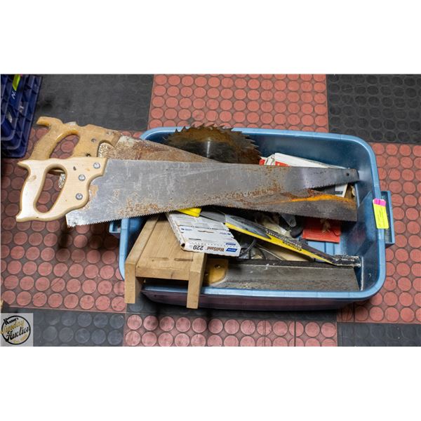 TOTE FULL OF SAWS AND TOOLS