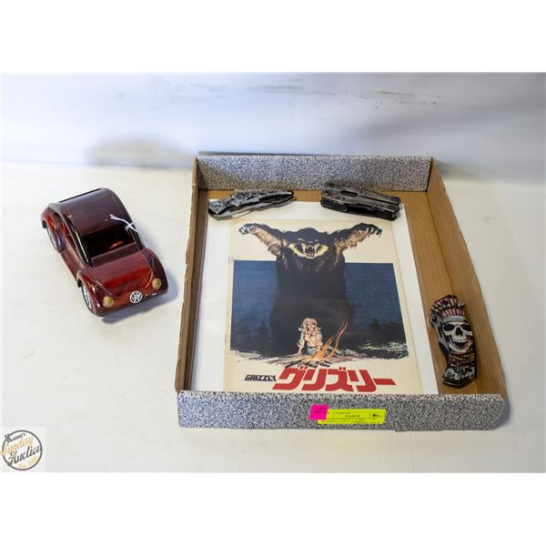 VINTAGE GRIZZLY COMIC + VW WOODEN CAR + 2 POCKET-