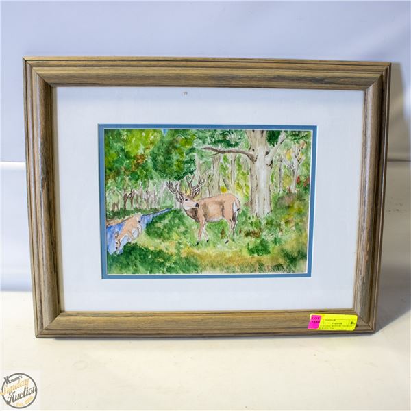 KNUD VEJSIG WATERCOLOR OF DEER WITH COA