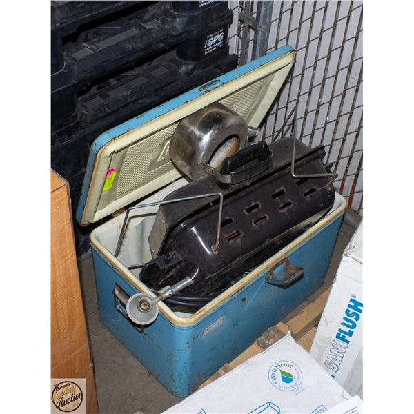 VINTAGE COOLER WITH CAMP SUPPLIES