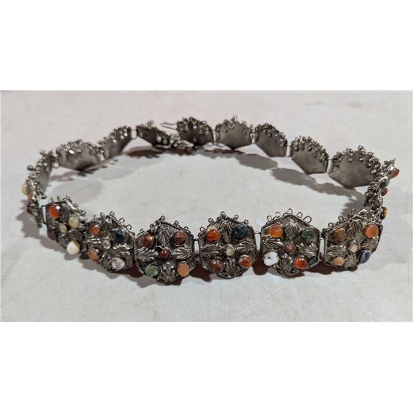 Ornate Silver-Tone Linked Belt w/ Multicolour Stone Accents