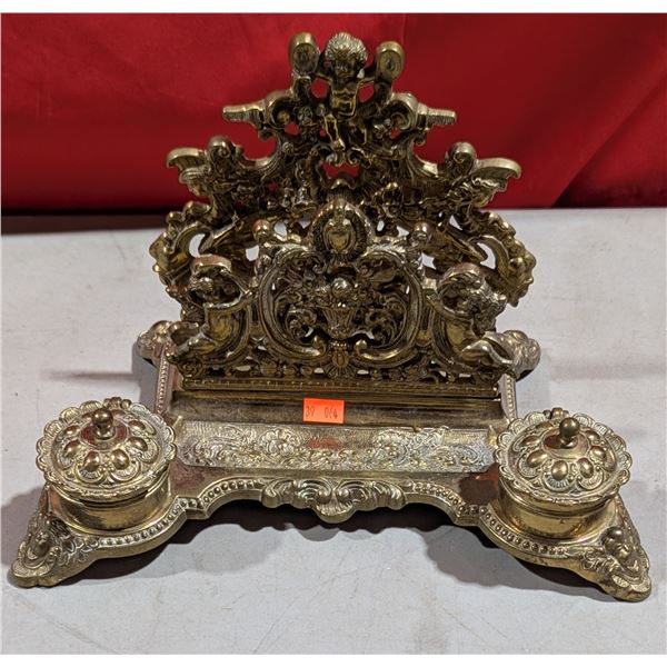 Ornate Brass Double Inkwell Desk Stand w/ Pen Tray