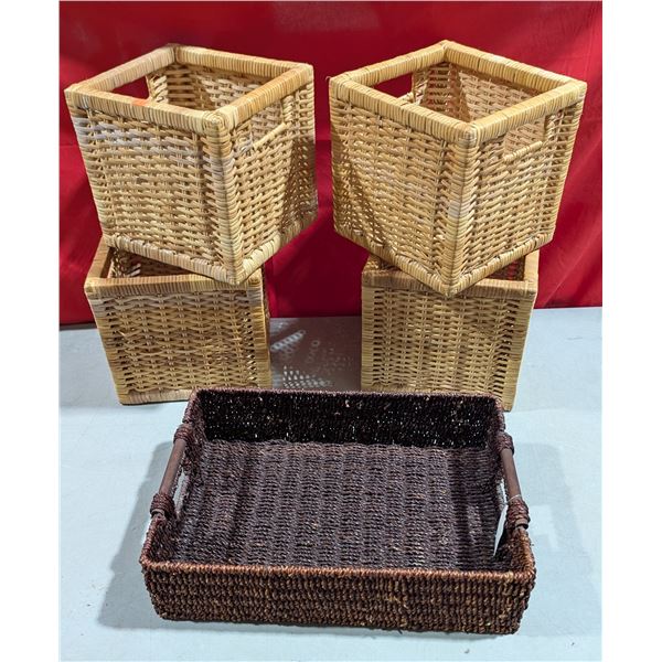 Lot of Four Woven Baskets w/ Tray