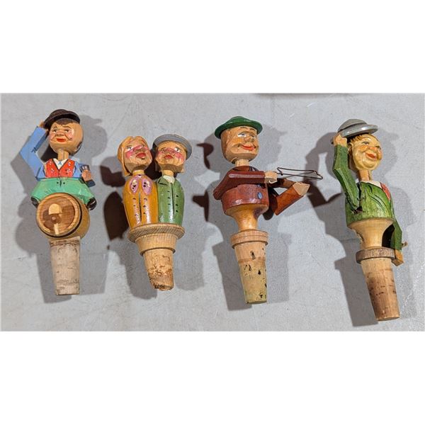 Lot of 4 Carved Wood Figural Bottle Stoppers w/ Corks