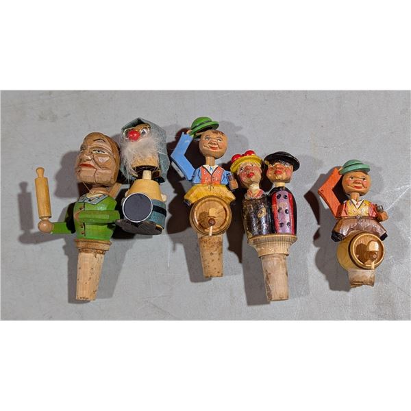 Lot of 4 Carved Wood Figural Bottle Stoppers w/ Corks & Novelty Figure