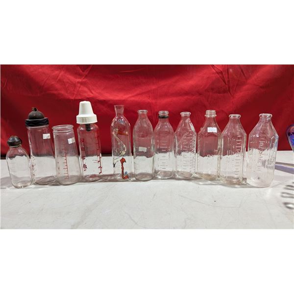 Lot of Assorted VTG Glass Baby Bottles w/ Nipples, Caps