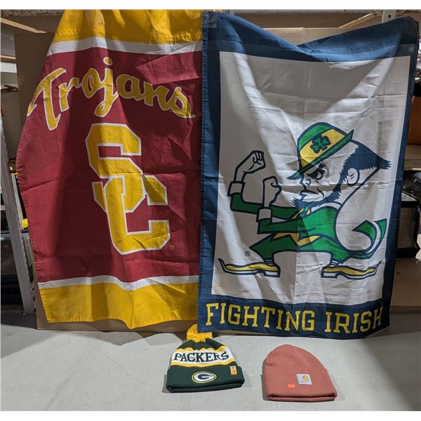 Sports Fan Lot - USC Trojans & Notre Dame Flags, Packers & Carhartt Beanies