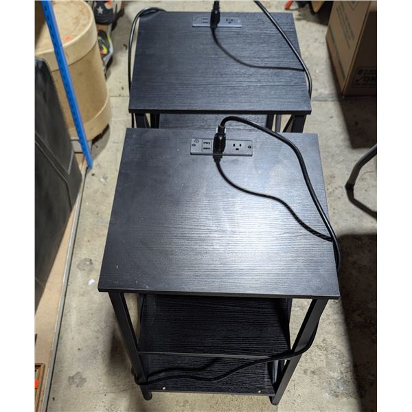 Pair Black Three-Tier End Tables w/ Built-In USB Ports & Power Outlets