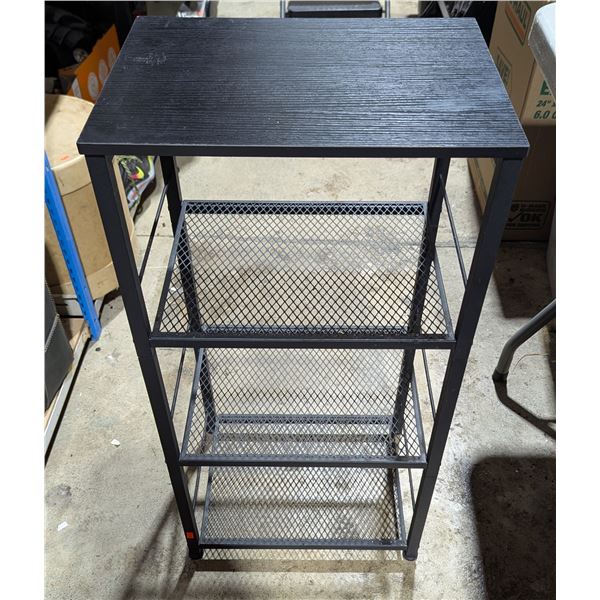 Black Metal Four-Tier Storage/Printer Stand w/ Wood-Look Top & Mesh Shelves