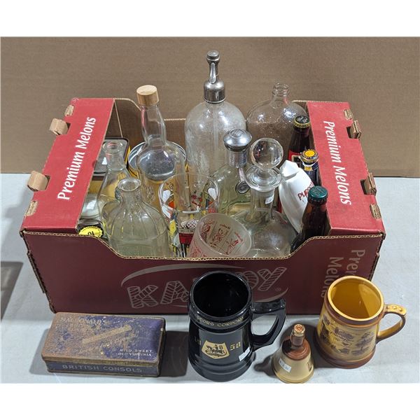 VTG Lot of Assorted Glassware Bottles & Tobacco Tins