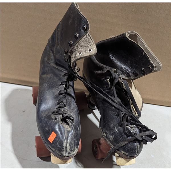 VTG High-Top Black Leather Quad Roller Skates w/ Wooden Wheels