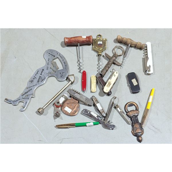 VTG Lot of Pocket Knives, Corkscrews, Souvenir Bottle Openers & More