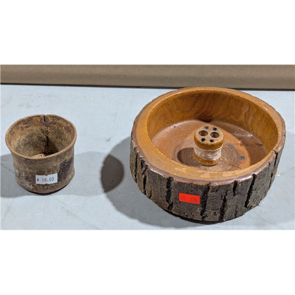 VTG Handcrafted Log Slice Nut Bowl w/ Wooden Center Block & Weathered Cup