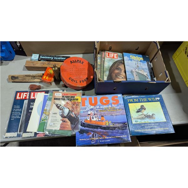 VTG Mixed Books, LIFE Magazines & Automotive/Workshop Tools Lot w/ Allpax Tin