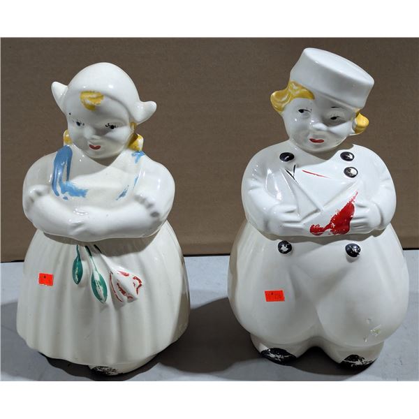 VTG Mid-Century USA Ceramic Chef & Maid Figural Cookie Jars - Pair