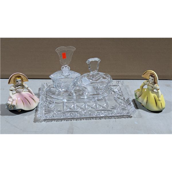 VTG Cut Glass Vanity Set w/ 2 Porcelain Lady Figurines