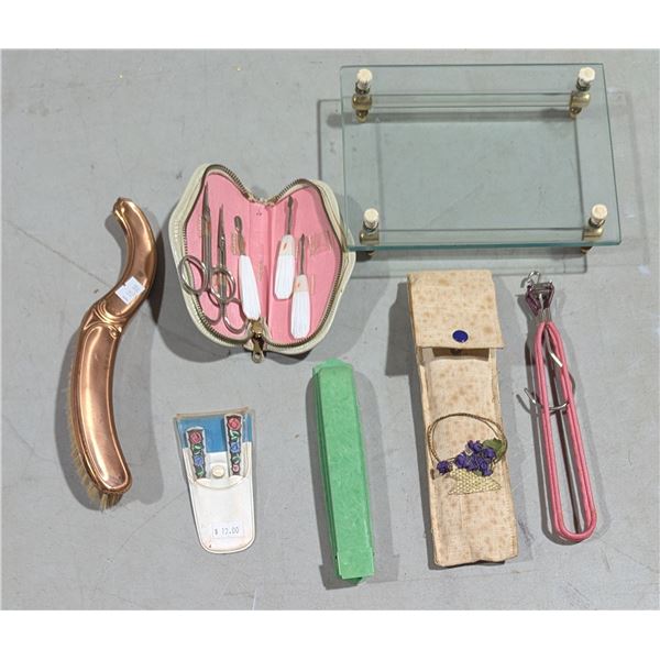 VTG Ladies' Vanity & Grooming Accessories Lot w/ Manicure Set, Brush & Hair Curler