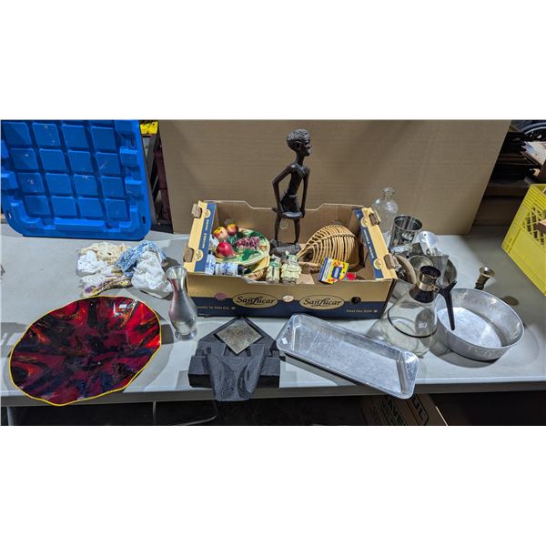 Mixed Kitchenware & Home Decor Lot w/ Glass Carafe, Aluminumware, Figurines & More