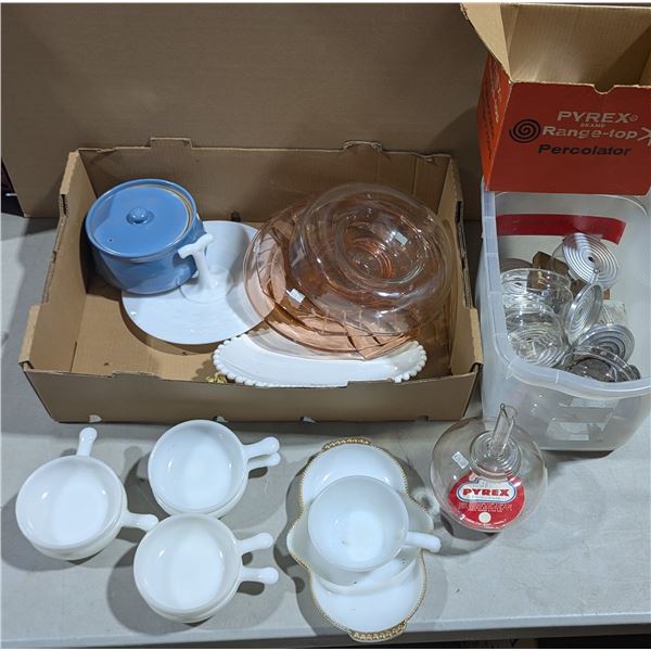 VTG Pyrex Flameware Percolator, Glasbake Milk Glass Bowls, Glassware & More