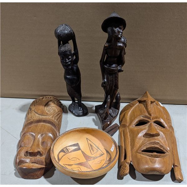 Hand-Carved African Figures & Wood Masks & Bowl
