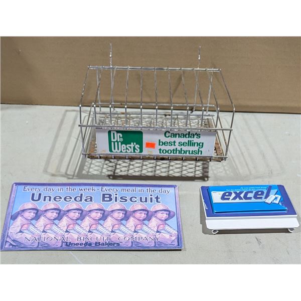 Advertising Lot w/ VTG Dr. West's Toothbrush Rack, Uneeda Biscuit Sign & More