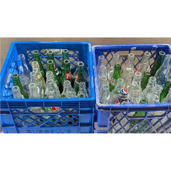 Two Crates VTG 7UP & Diet 7UP Glass Soda Bottles, Pepsi & More