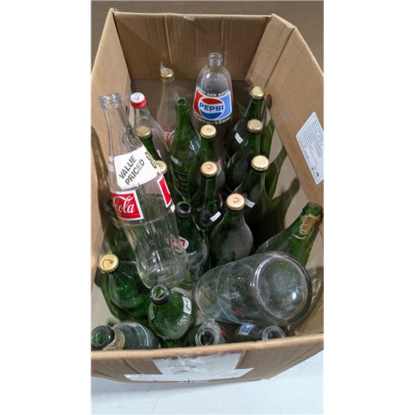 VTG Mixed Glass Soda Bottle Box Lot w/ Pepsi, Coca-Cola, & More
