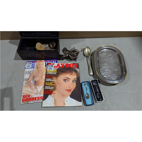 Adult Magazines, Spoons and Trinket Box Lot, Playboy