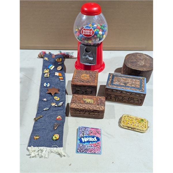 Sash with Pins, Wooden Trinket Boxes and Bubble Gum Dispenser