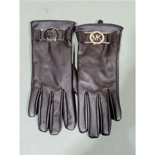 Michael Kors Women's Brown Leather Gloves w/ Gold-Tone MK Logo