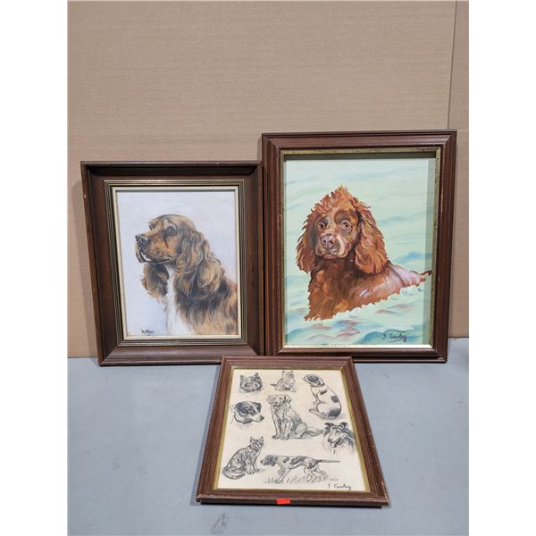 Three Piece Framed Dog Art - Signed J. Cowley Works & A. Ellis Spaniel Portrait